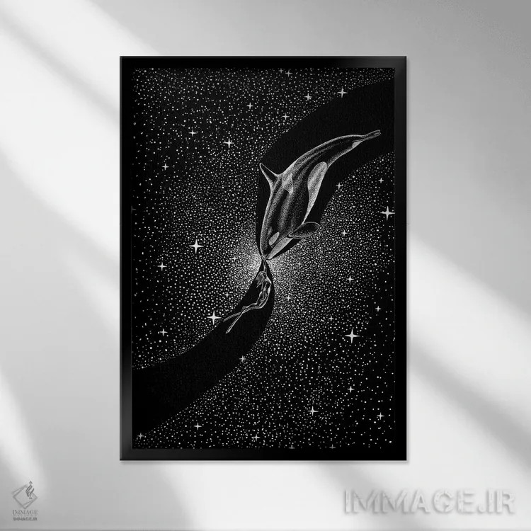 تابلو نهنگ قاتل ستارهای و غواص اثر علیرضا چاکر - نمای قابدار مشکی