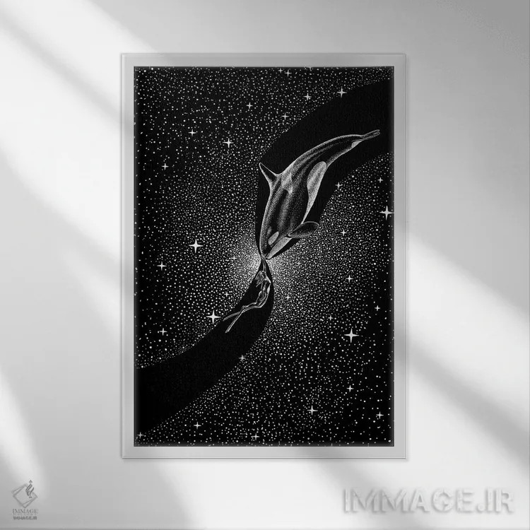 تابلو نهنگ قاتل ستارهای و غواص اثر علیرضا چاکر - نمای قابدار سفید
