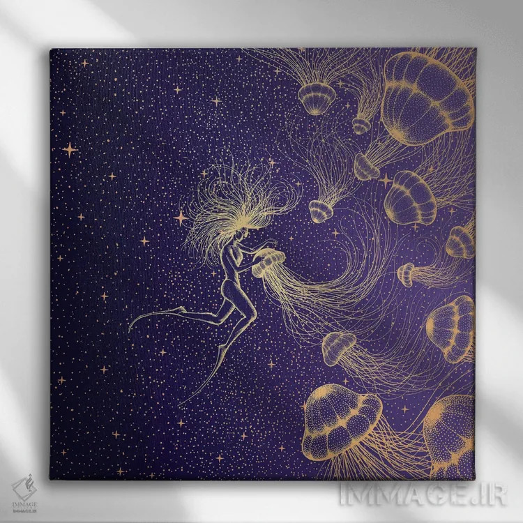 تابلو غواص و عروس دریایی اثر علیرضا چاکر - نمای روبهرو روی دیوار