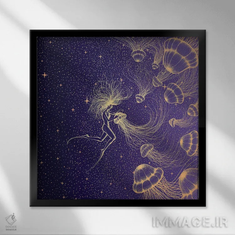 تابلو غواص و عروس دریایی اثر علیرضا چاکر - نمای قابدار مشکی