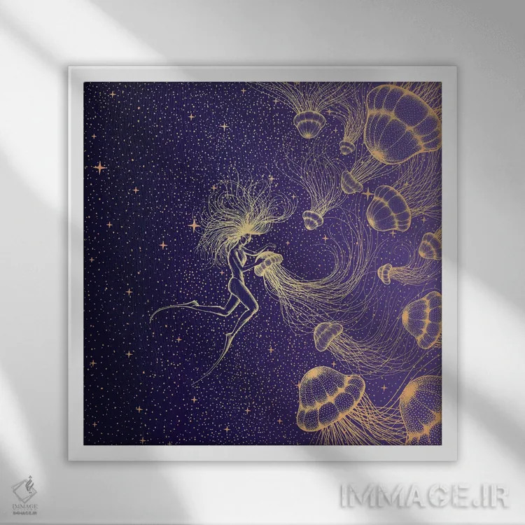 تابلو غواص و عروس دریایی اثر علیرضا چاکر - نمای قابدار سفید