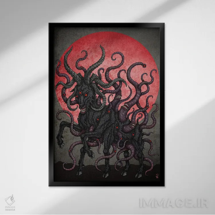 تابلو بز سیاه ماه سرخ اثر آژمودای - نمای قابدار مشکی