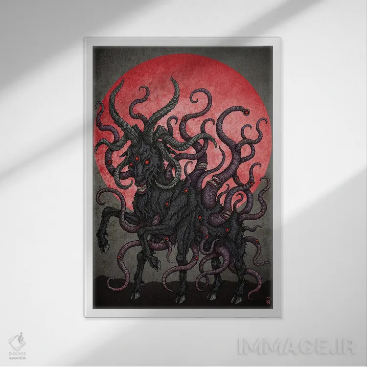 تابلو بز سیاه ماه سرخ اثر آژمودای - نمای قابدار سفید