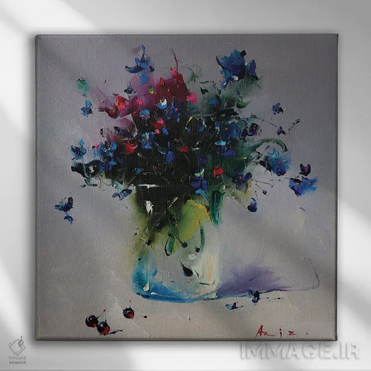 تابلو دستهگل و توتها اثر عزیز سلیماناف - نمای روبهرو روی دیوار