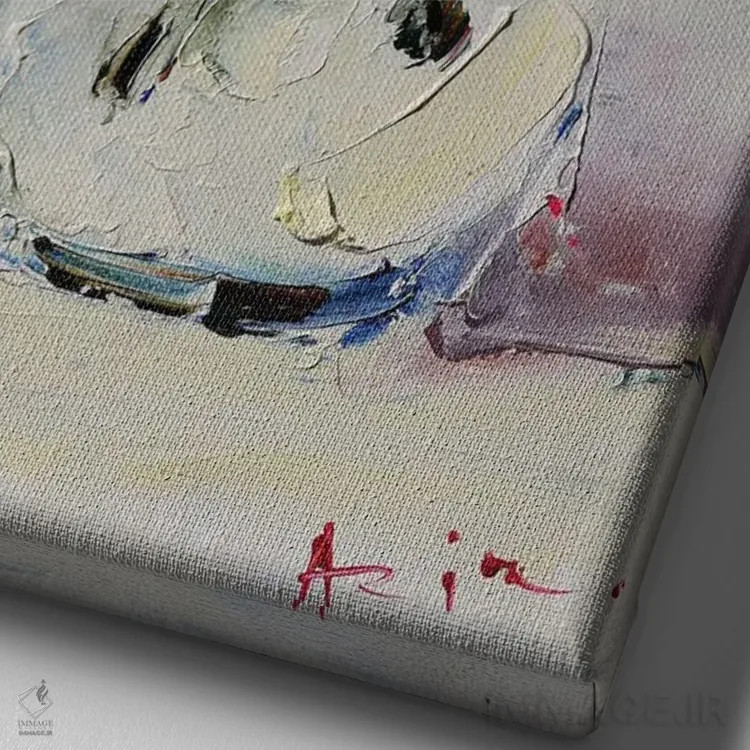 تابلو دستهگل آبی در لیوان اثر عزیز سلیماناف - نمای نزدیک بافت بوم