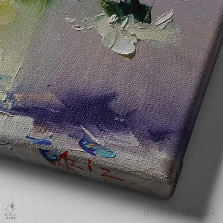 تابلو دستهگل با گیلاس اثر عزیز سلیماناف - نمای نزدیک بافت بوم