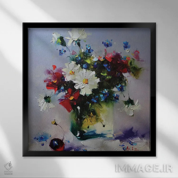 تابلو دستهگل با گیلاس اثر عزیز سلیماناف - نمای قابدار مشکی