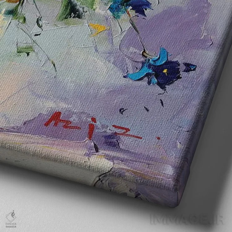 تابلو زرد و آبی اثر عزیز سلیماناف - نمای نزدیک بافت بوم