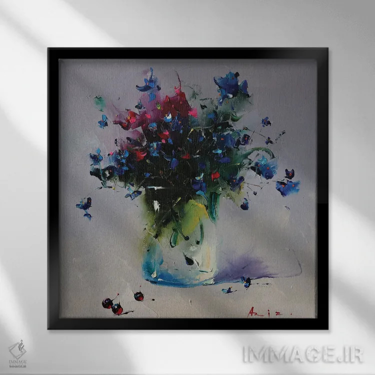 تابلو دستهگل و توتها اثر عزیز سلیماناف - نمای قابدار مشکی