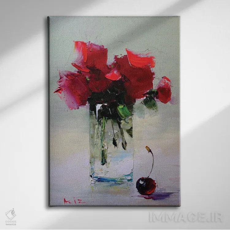 تابلو دستهگل و گیلاس اثر عزیز سلیماناف - نمای روبهرو روی دیوار