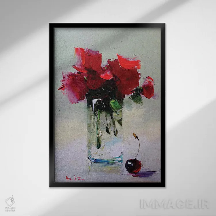 تابلو دستهگل و گیلاس اثر عزیز سلیماناف - نمای قابدار مشکی