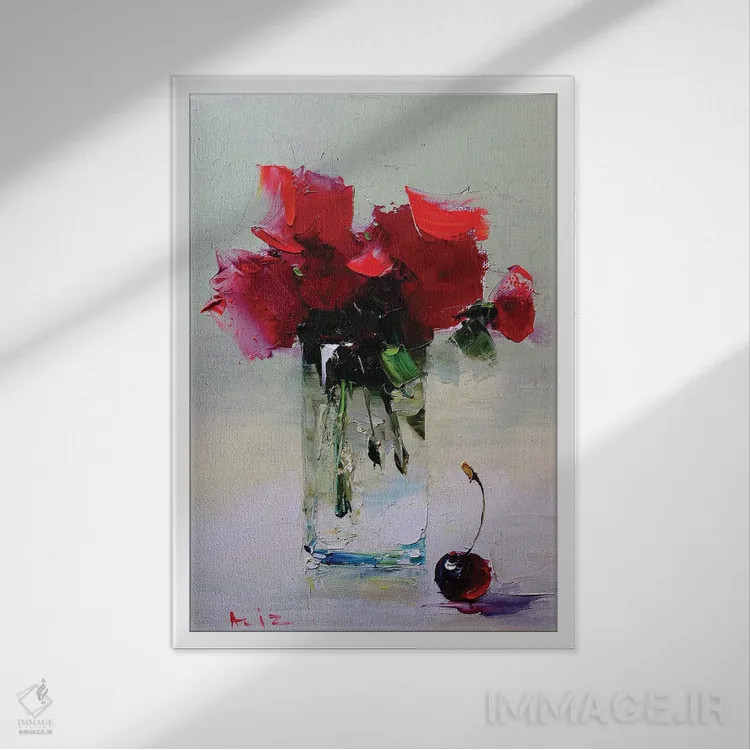 تابلو دستهگل و گیلاس اثر عزیز سلیماناف - نمای قابدار سفید