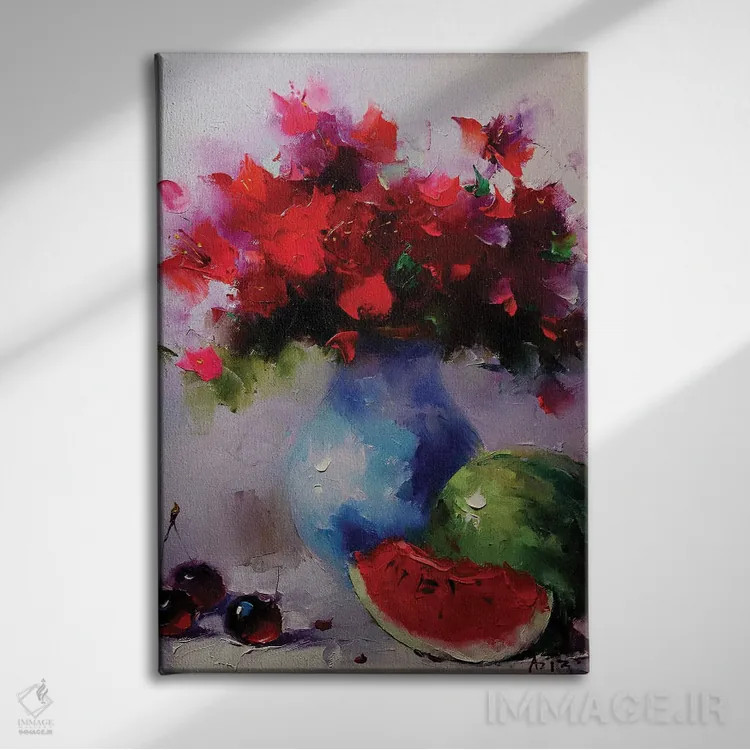 تابلو طبیعت بیجان با هندوانه اثر عزیز سلیماناف - نمای روبهرو روی دیوار