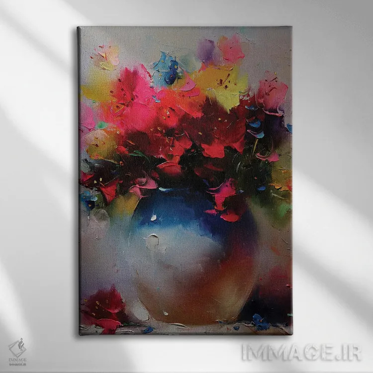 تابلو دستهگل در گلدان سفید اثر عزیز سلیماناف - نمای روبهرو روی دیوار