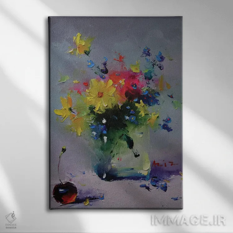 تابلو دستهگل با گلهای زرد اثر عزیز سلیماناف - نمای روبهرو روی دیوار