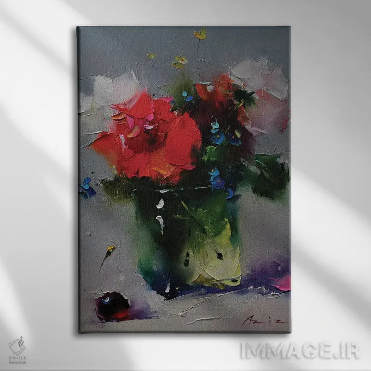 تابلو دستهگل قرمز با گیلاس اثر عزیز سلیماناف - نمای روبهرو روی دیوار