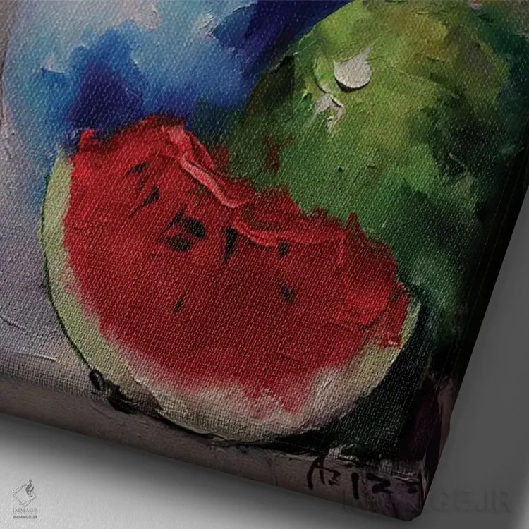 تابلو طبیعت بیجان با هندوانه اثر عزیز سلیماناف - نمای نزدیک بافت بوم