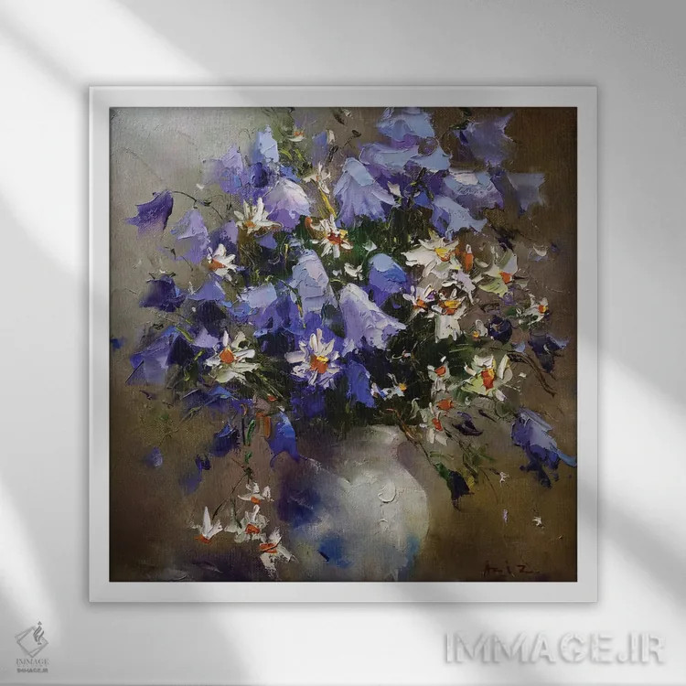 تابلو زنگولهایها (نوعی گل) اثر عزیز سلیماناف - نمای قابدار سفید