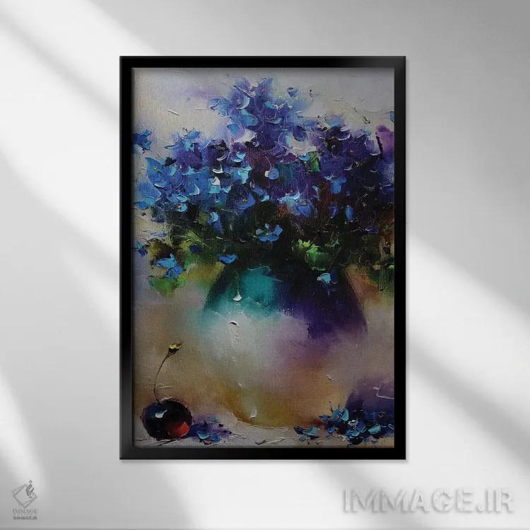 تابلو دستهگل آبی و گیلاس اثر عزیز سلیماناف - نمای قابدار مشکی