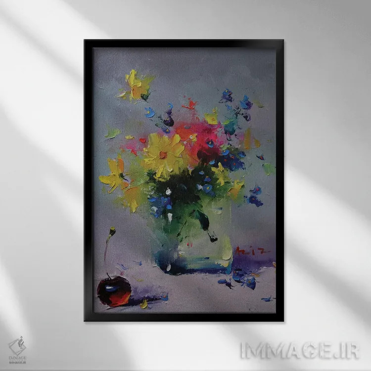تابلو دستهگل با گلهای زرد اثر عزیز سلیماناف - نمای قابدار مشکی