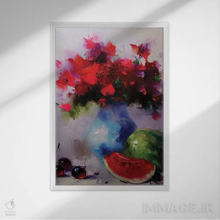 تابلو طبیعت بیجان با هندوانه اثر عزیز سلیماناف - نمای قابدار سفید