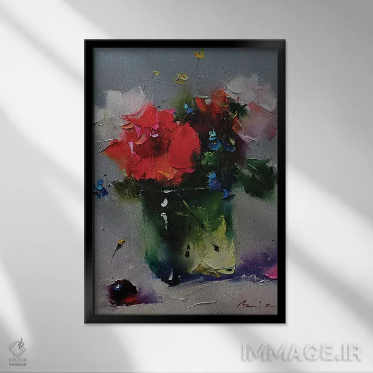 تابلو دستهگل قرمز با گیلاس اثر عزیز سلیماناف - نمای قابدار مشکی