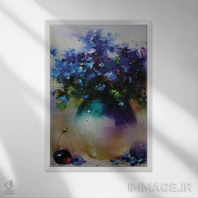 تابلو دستهگل آبی و گیلاس اثر عزیز سلیماناف - نمای قابدار سفید