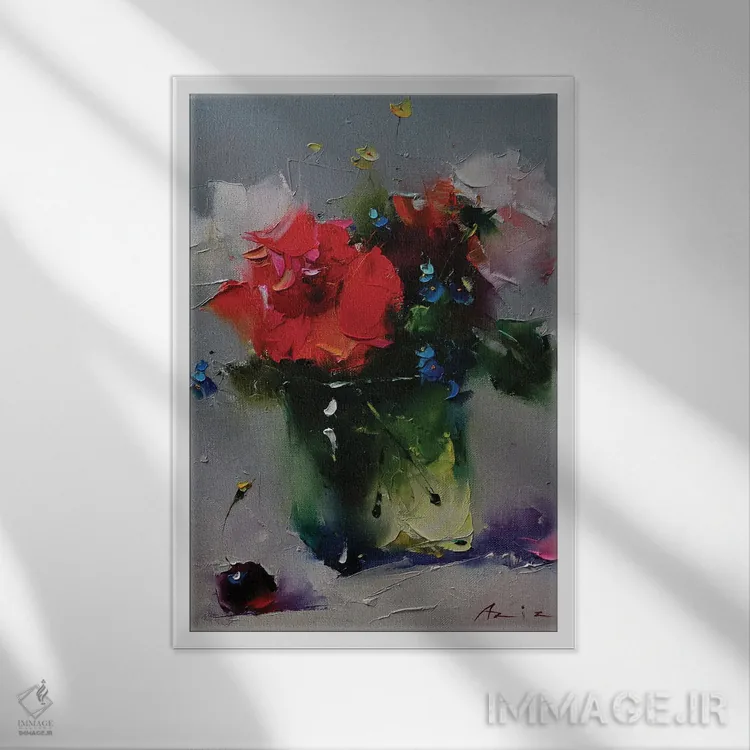 تابلو دستهگل قرمز با گیلاس اثر عزیز سلیماناف - نمای قابدار سفید