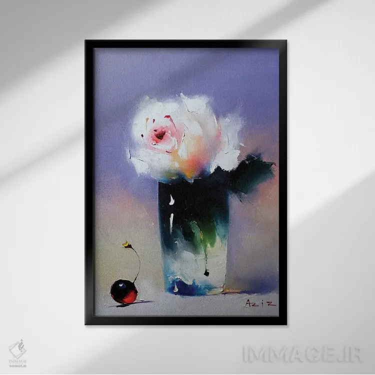 تابلو رز سفید اثر عزیز سلیماناف - نمای قابدار مشکی