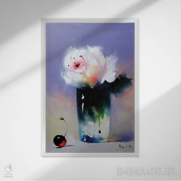 تابلو رز سفید اثر عزیز سلیماناف - نمای قابدار سفید