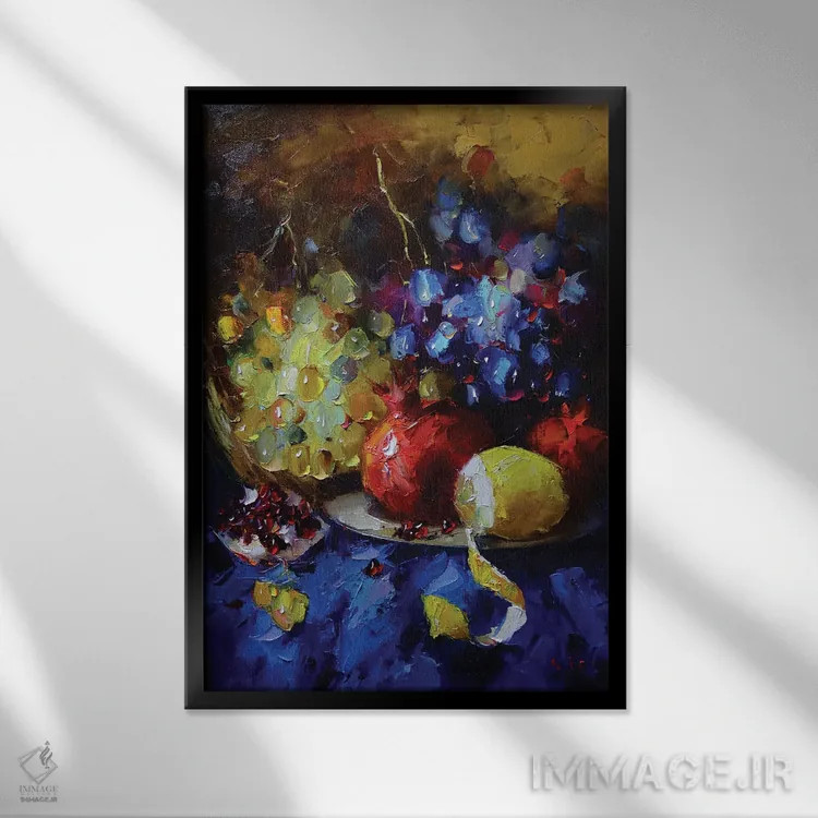 تابلو طبیعت بیجان با انگور اثر عزیز سلیماناف - نمای قابدار مشکی