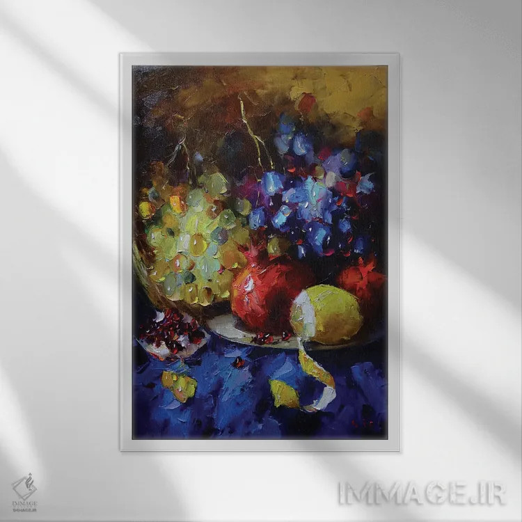 تابلو طبیعت بیجان با انگور اثر عزیز سلیماناف - نمای قابدار سفید