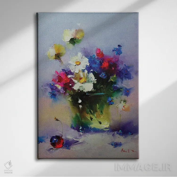 تابلو گیلاس و دستهگل اثر عزیز سلیماناف - نمای روبهرو روی دیوار