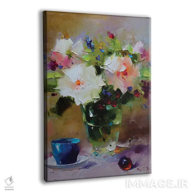تابلو رزهای سفید و فنجان آبی اثر عزیز سلیماناف - نمای پرسپکتیو محصول
