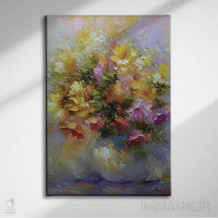 تابلو دستهگل زرد در گلدان اثر عزیز سلیماناف - نمای روبهرو روی دیوار