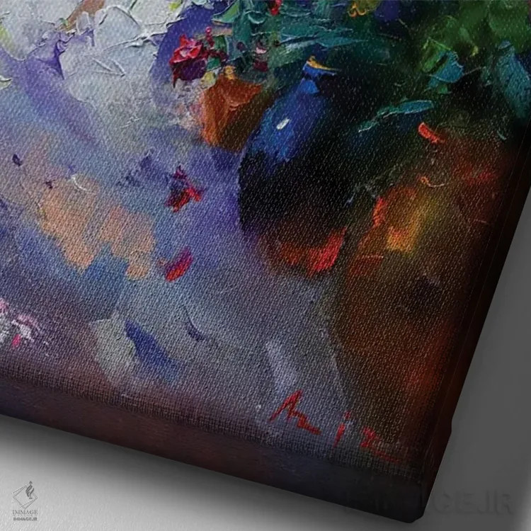 تابلو دختر در باغ اثر عزیز سلیماناف - نمای نزدیک بافت بوم
