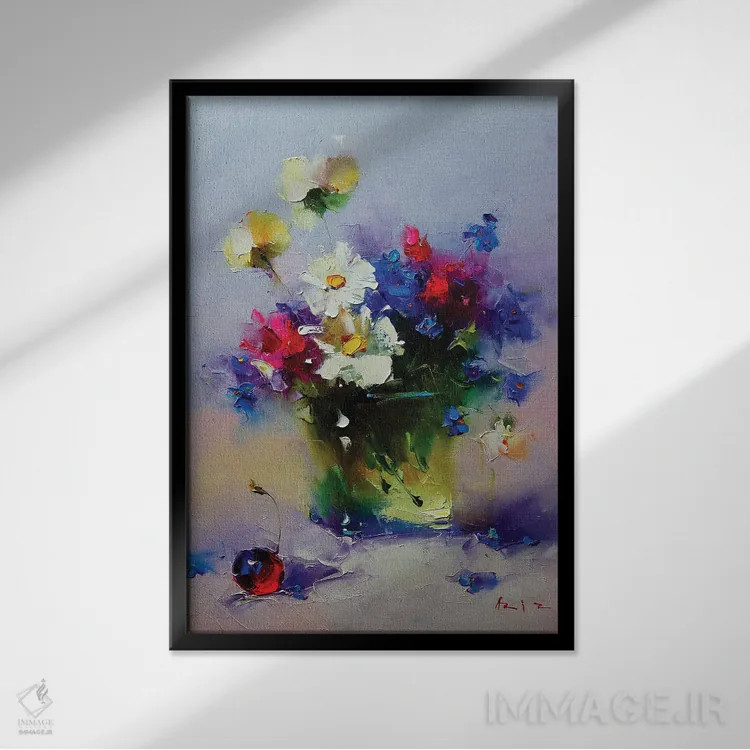 تابلو گیلاس و دستهگل اثر عزیز سلیماناف - نمای قابدار مشکی