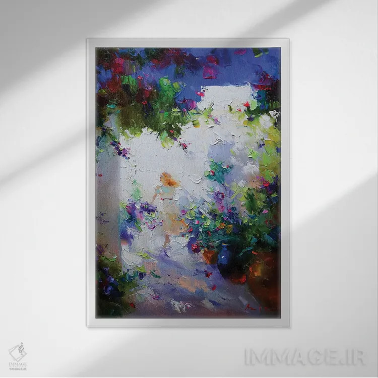 تابلو دختر در باغ اثر عزیز سلیماناف - نمای قابدار سفید