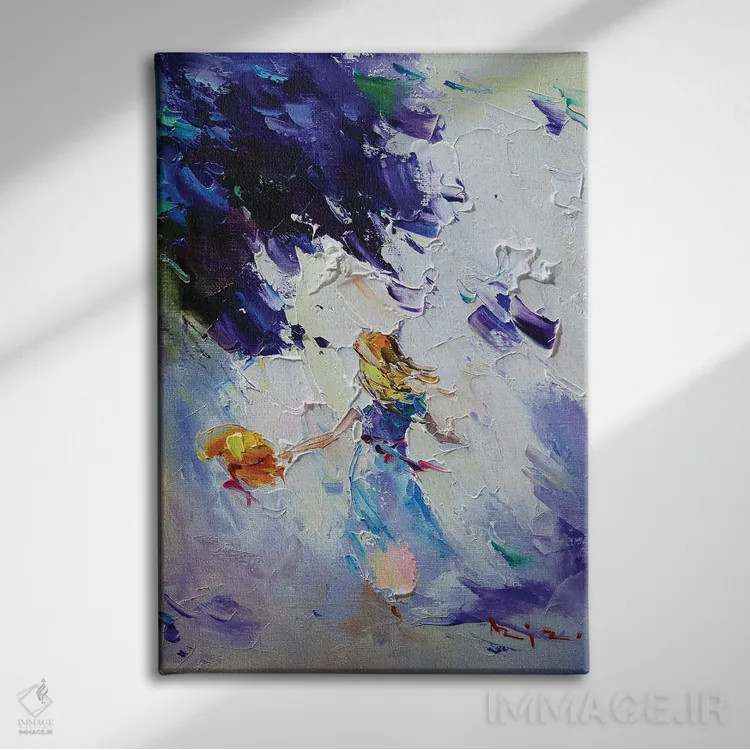 تابلو گلهای آبی و دختر اثر عزیز سلیماناف - نمای روبهرو روی دیوار