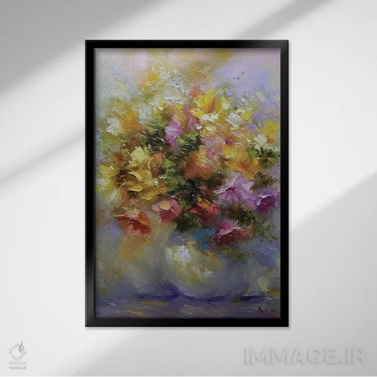 تابلو دستهگل زرد در گلدان اثر عزیز سلیماناف - نمای قابدار مشکی