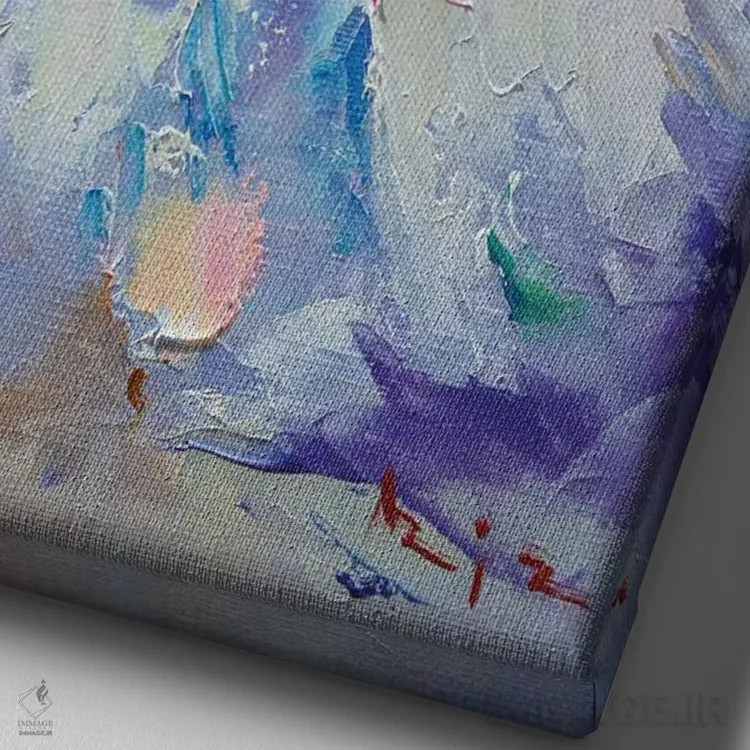 تابلو گلهای آبی و دختر اثر عزیز سلیماناف - نمای نزدیک بافت بوم