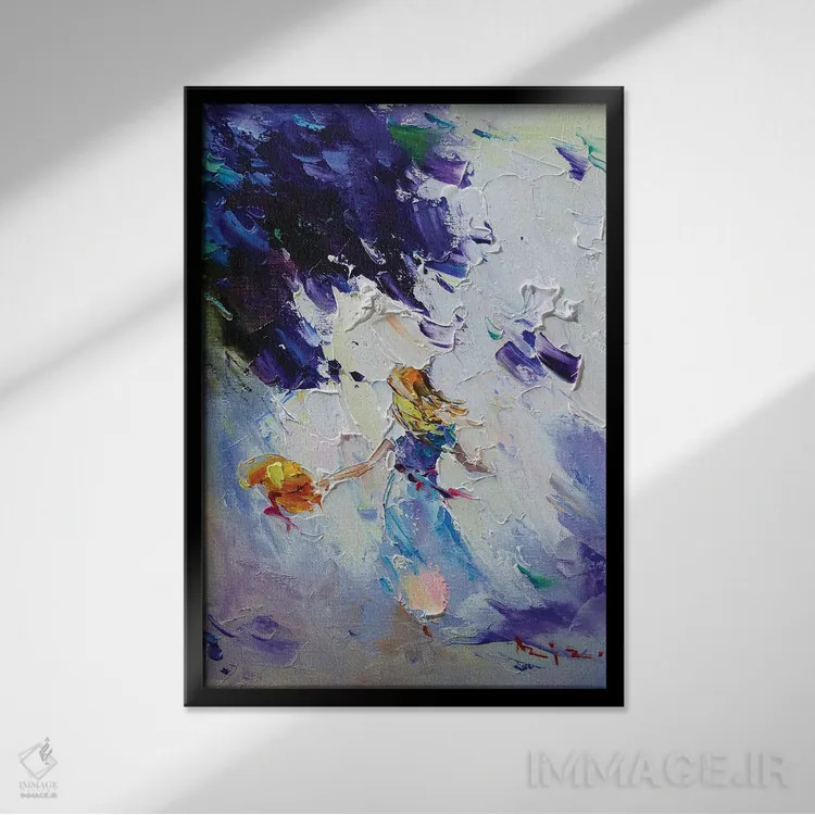 تابلو گلهای آبی و دختر اثر عزیز سلیماناف - نمای قابدار مشکی