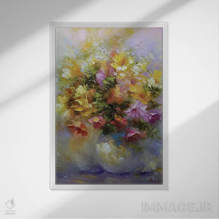 تابلو دستهگل زرد در گلدان اثر عزیز سلیماناف - نمای قابدار سفید