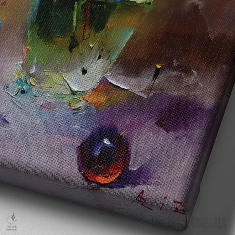 تابلو رزهای سفید و فنجان آبی اثر عزیز سلیماناف - نمای نزدیک بافت بوم