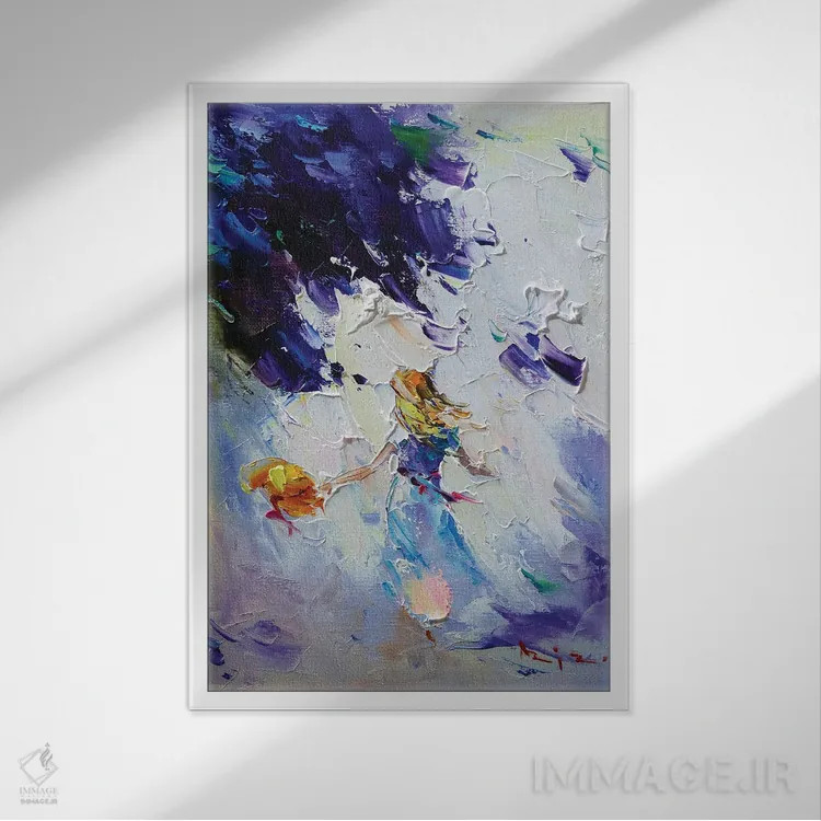 تابلو گلهای آبی و دختر اثر عزیز سلیماناف - نمای قابدار سفید