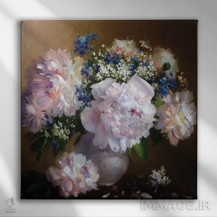 تابلو پیونیها (نوعی گل) اثر عزیز سلیماناف - نمای روبهرو روی دیوار