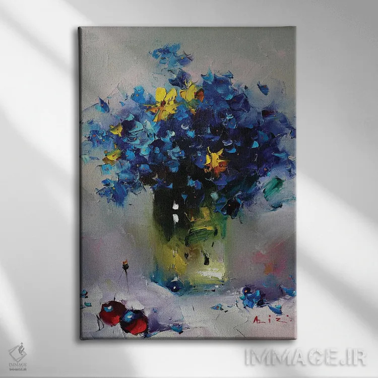 تابلو دستهگل آبی اثر عزیز سلیماناف - نمای روبهرو روی دیوار