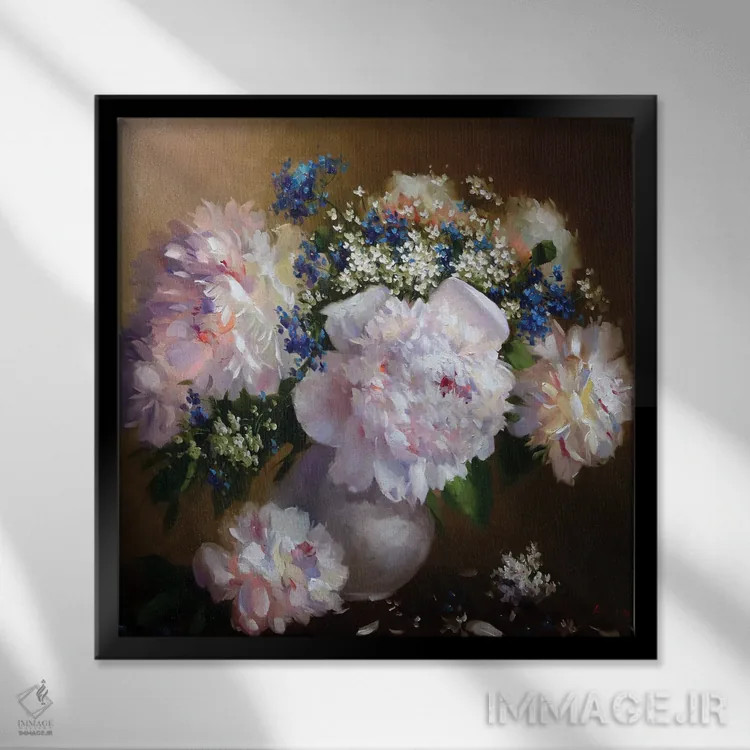 تابلو پیونیها (نوعی گل) اثر عزیز سلیماناف - نمای قابدار مشکی