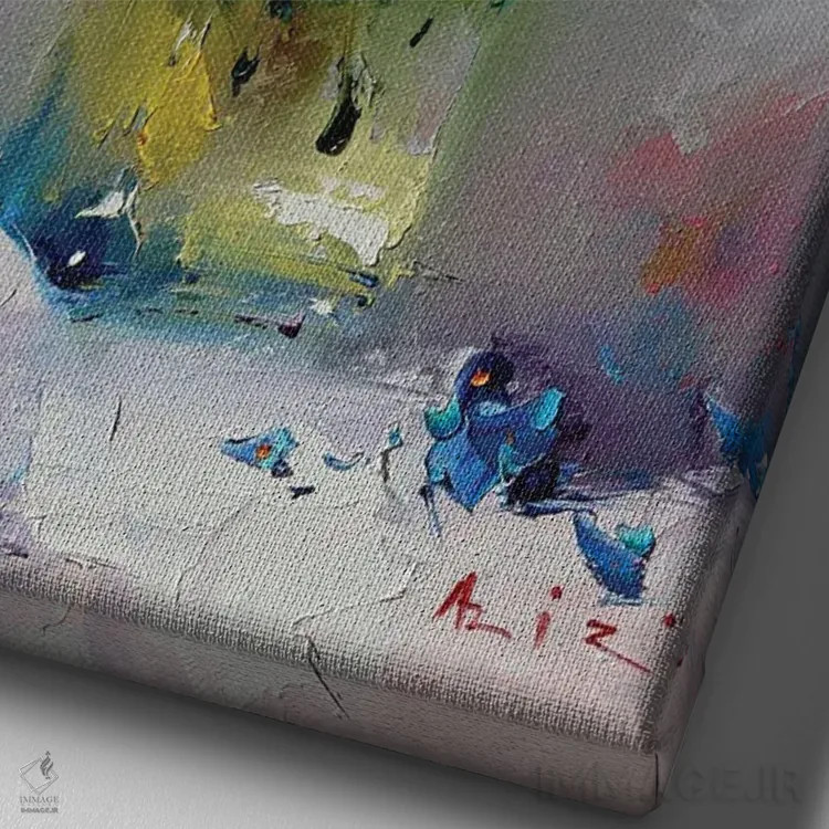 تابلو دستهگل آبی اثر عزیز سلیماناف - نمای نزدیک بافت بوم