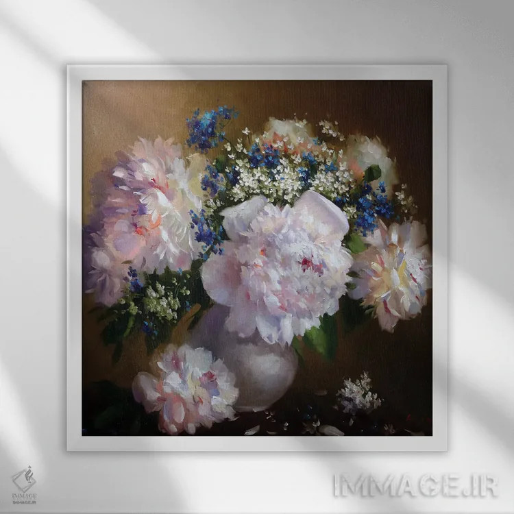 تابلو پیونیها (نوعی گل) اثر عزیز سلیماناف - نمای قابدار سفید